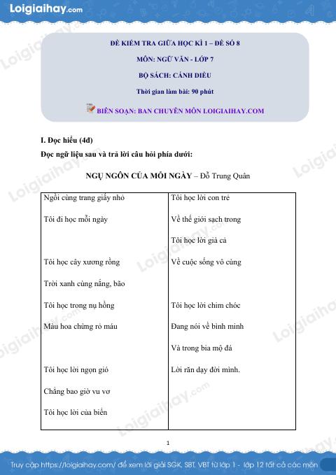 Đề thi giữa kì 1 Văn 7 Cánh diều - Đề số 8